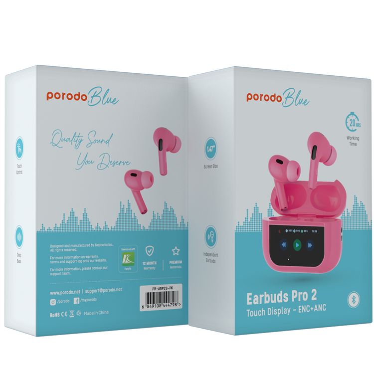 Porodo Blue AirPods Pro2 with Screen, Deep Bass, Touch Control, Camera Shutter, Music Playback, Call Management, 20 Hours Working Time, 1.47 inches Screen Size - Pink