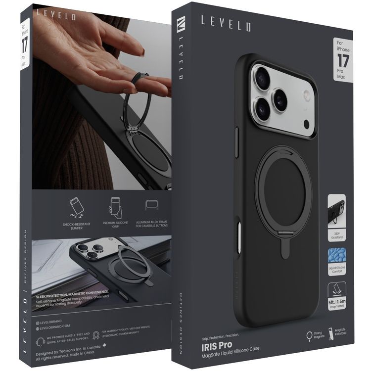 Levelo Iris Pro MagSafe Liquid Silicone Case with Built-in 360° Kickstand for iPhone 17 Pro Max, Metal Accents, Shock-Resistant Bumper, Aluminum Alloy Frame for Camera & Buttons, Drop-Tested, Strong Magnets, Premium Silicone Grip - Black