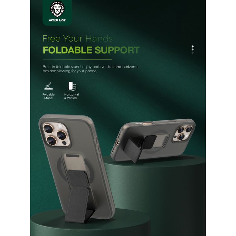 Green Lion Grip 360 MagSafe Case for iPhone 16 Pro with Leather Grip Strap, Camera Protection, Multi Functional Design, Scratch Resistant, Foldable Stand - Black