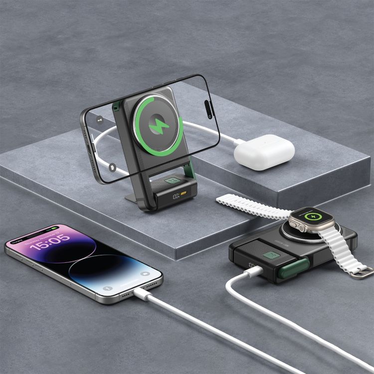 Green Lion Rotex MagSafe 10000mAh Power Bank, iWatch Charging, Rotating Bracket, Wireless Charging, Digital Display, Compact & Lightweight, PD 22.5W - Black