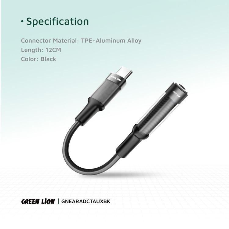 Green Lion Earphone Adapter with USB-C to 3.5mm Audio Jack Connector, 12cm Cable Length, Music Play & Call Function, More than 10,000 Bends Lifespan - Black