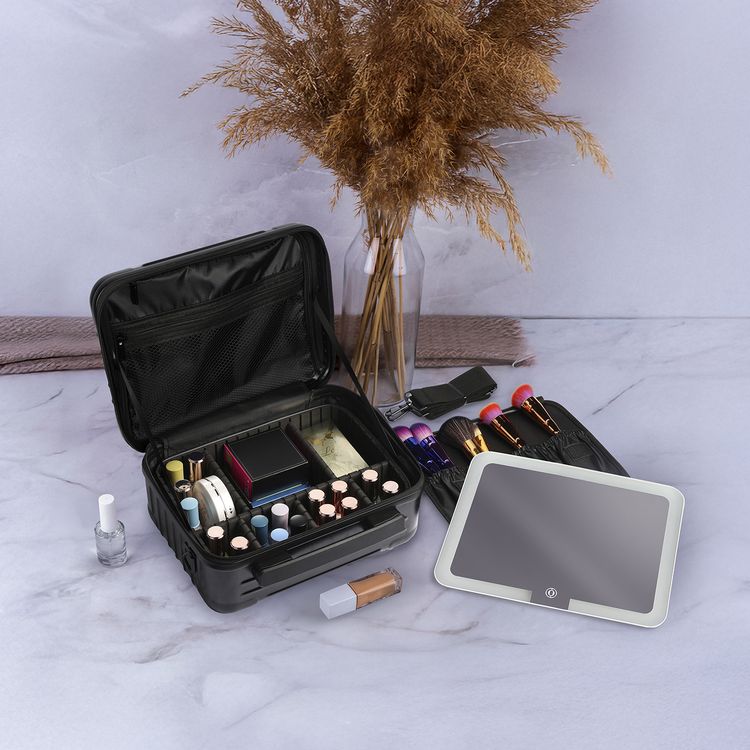 Porodo Lifestyle Travel Makeup Bag with Detachable 12-inch LED Mirror, 3 Light Modes, Multiple Compartments, 51 LED Beads, 3000mAh Battery Capacity, 6000~6500K Color Temperature, USB-C Charging Interface, ABS Material - Black