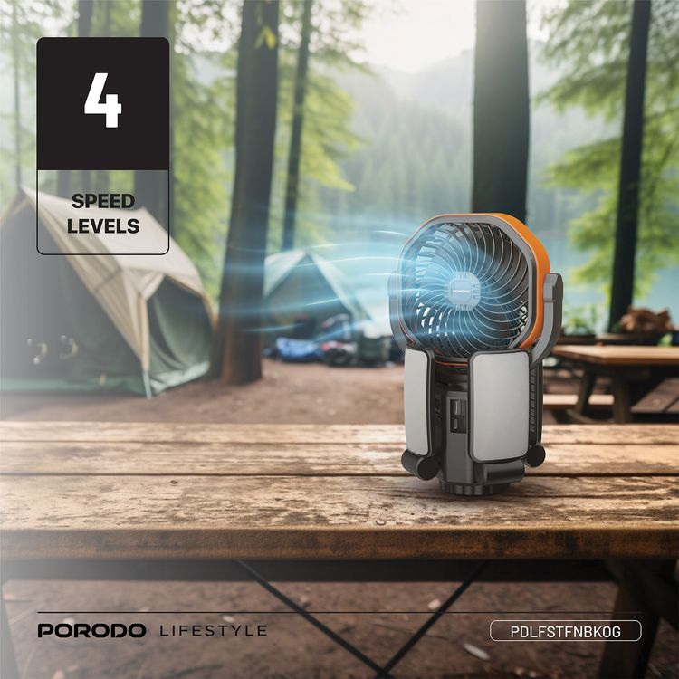 Porodo Suncharge Outdoor Solar Fan with LED Lighting & Power Bank Function, 3 LED Brightness Levels, 4 Speed Settings, Foldable Hanging Hook, 150°Auto Oscillation, Up to 30 Hours Working Time, 6000mAh Battery, 5W Rated Power - Black / Orange