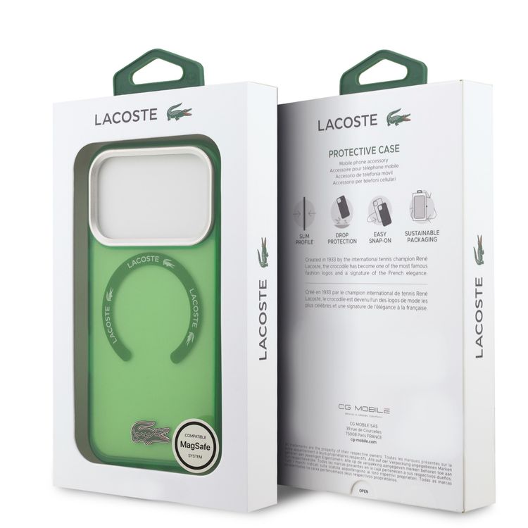 غطاء Lacoste MagSafe شفاف من TPU وPC بلمسة نهائية متجمدة لجهاز iPhone 17 Pro، حماية من السقوط، تصميم رفيع، تغليف مستدام، تصميم سهل التركيب - اللون الأخضر التراغون.
