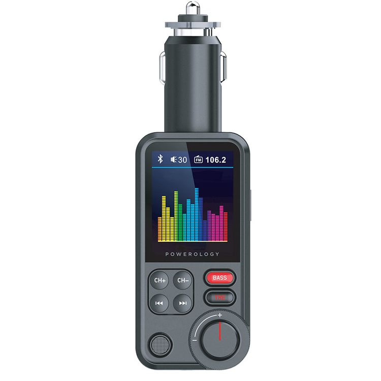 Powerology Bluetooth FM Transmitter Pro PCCSR003 Car Charger Fast Charging 18W - Black