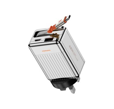 شاحن Porodo Super Quick GaN مع كابل من النوع C القابل للسحب بطول 75 سم، قوة 42 واط، شحن متزامن، مخرج USB-A بقوة 22.5 واط، ضوابط أمان مدمجة - فضي