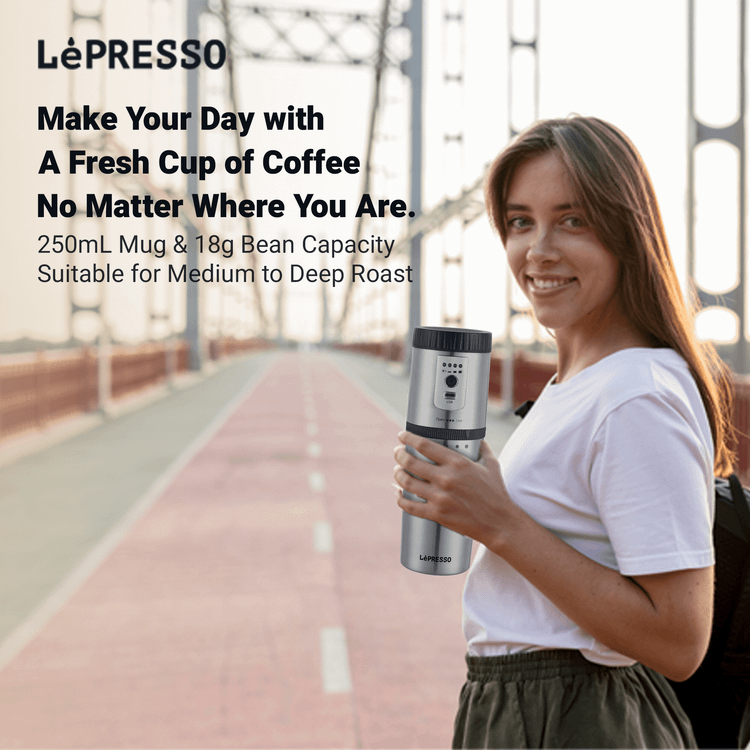 LePresso Portable Burr Mini Grinder and Coffee Maker with Type-C Charging Port, Adjustable Grind Size, Drip Filter, Travel Mug, 250mL Mug Capacity, 18g Coffee Bean Capacity, 1600mAh Battery - Silver