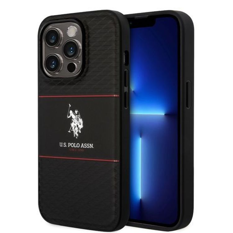 حافظة صلبة مخططة من US Polo لهاتف iPhone 14 Pro - أسود