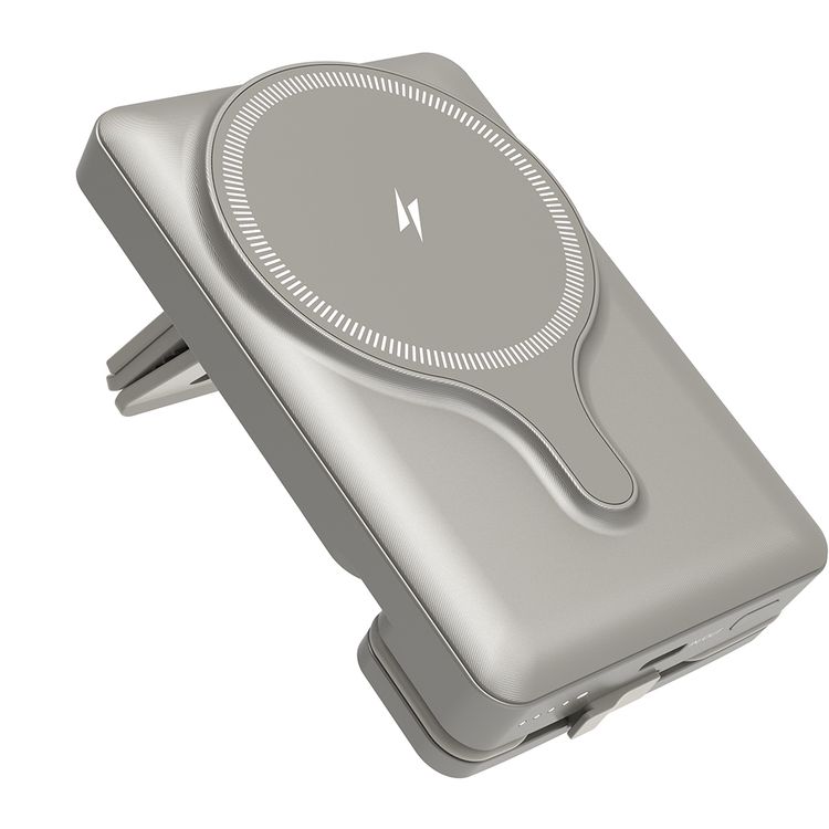 Powerology Car Mount 5000mAh Power Bank with Magnetic Wireless Charger, MagSafe Charging, PD 20W Fast Charge, Folding Air-Vent Clip, LED Indicator, Built-In Type-C Cable, Lightweight & Portable - Titanium