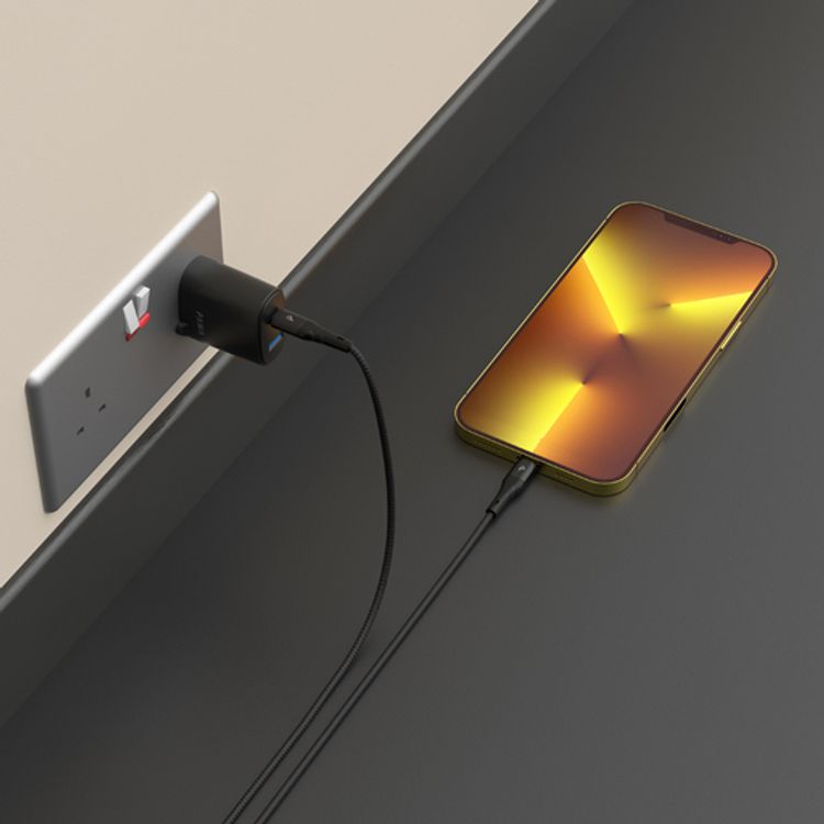 باوا كبل نايلون مضفر 20 واط بيانات وشحن سريع يو اس بي-سي إلى كابل لايتنينج 2 متر / 6.5 قدم  - أسود