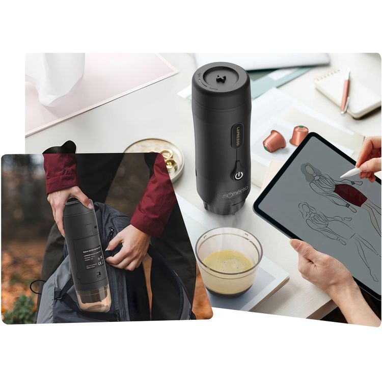 LePresso Momento 2.0 Portable Espresso Coffee Machine, Ground & Nespresso Compatible, 75W Power, 2500 mAh Battery Capacity, 2-3 Hours Re-Charge Time, 4 Single Shots Fully Charged Working Time - Black