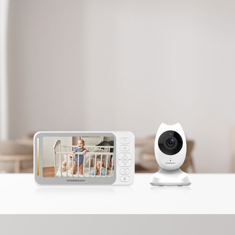 Powerology Smart Cam Baby Monitor with Two-Way Audio & Smart Sensors, 300m Monitor Range, 4.35" Screen Size, Milk Feeding Reminder, Preloaded Music - White