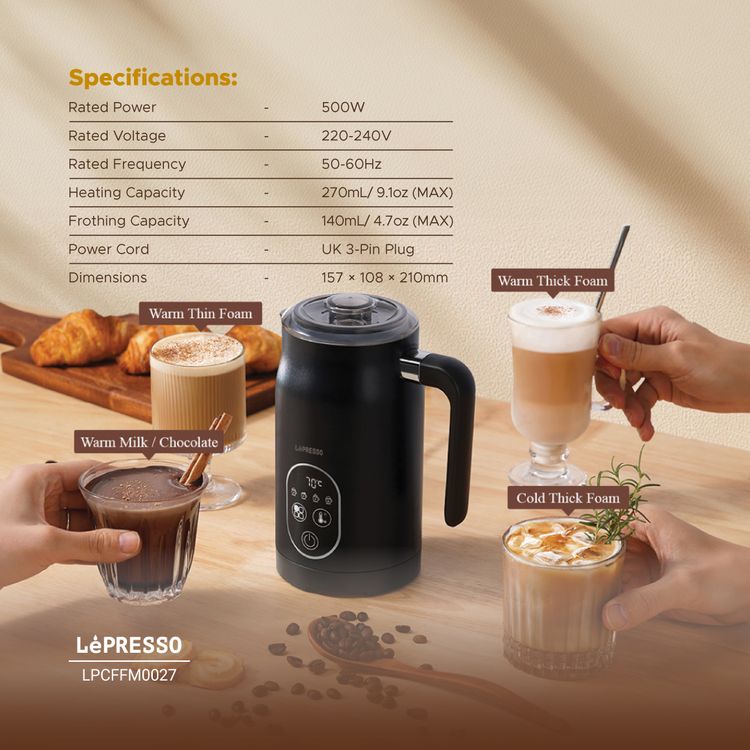 LePresso Four Froth Milk Frother, 270mL Heating Capacity, 140mL Frothing Capacity, 3-Pin UK Plug, Temperature Control - Black