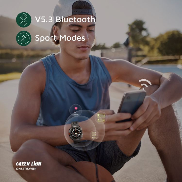 Green Lion Strive Smart Watch with 1.52" IPS Display, Bluetooth Version 5.3, IP65 Waterproof, 5 Days Working Time, Health Monitoring, Sport Modes, 150mAh Battery Capacity, Wireless Charging Type, 2-3 Hours Charging Time, LED Torch, Remote Capture - Black