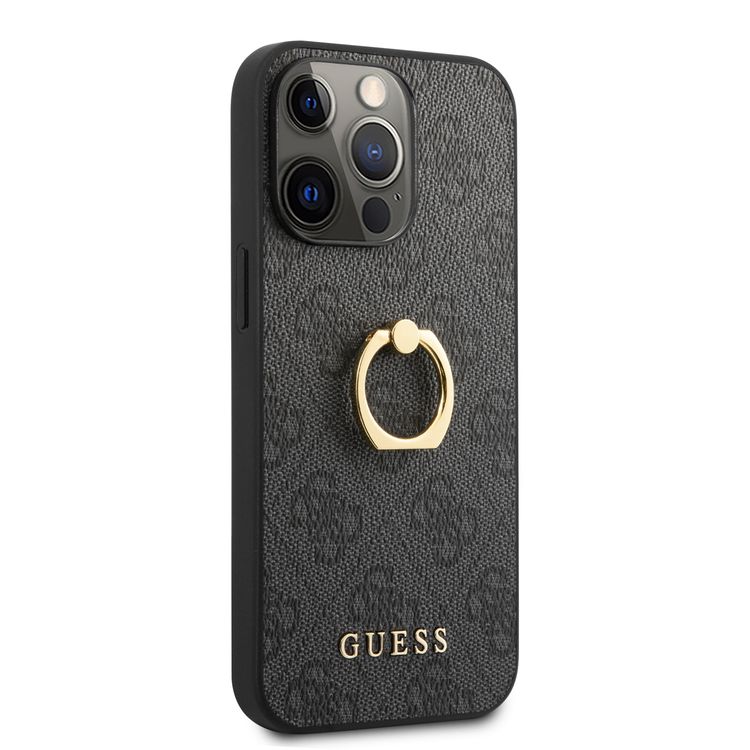 CG MOBILE Guess PU Leather 4G Case with 360° Rotating Ring Grip Holder Stand Compatible for iPhone 13 Pro Max (6.7") Drop Protective Back Cover Officially Licensed - Black