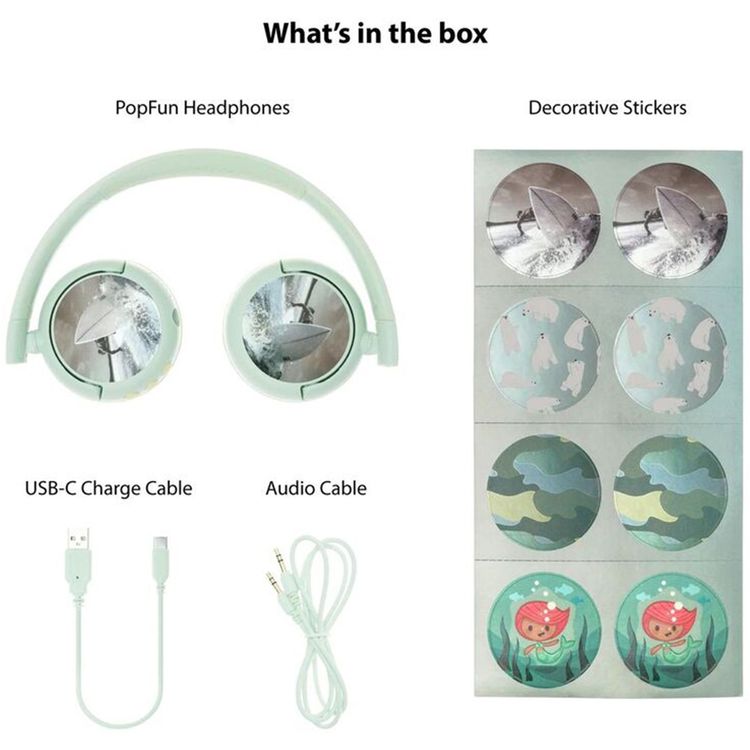 BuddyPhones Pop Fun Kids Headphones with 24 Hours Battery Life, Built-In Controls, Anti Allergic Cushions, Decorative Stickers, Safe Audio - Green Pop Fun 