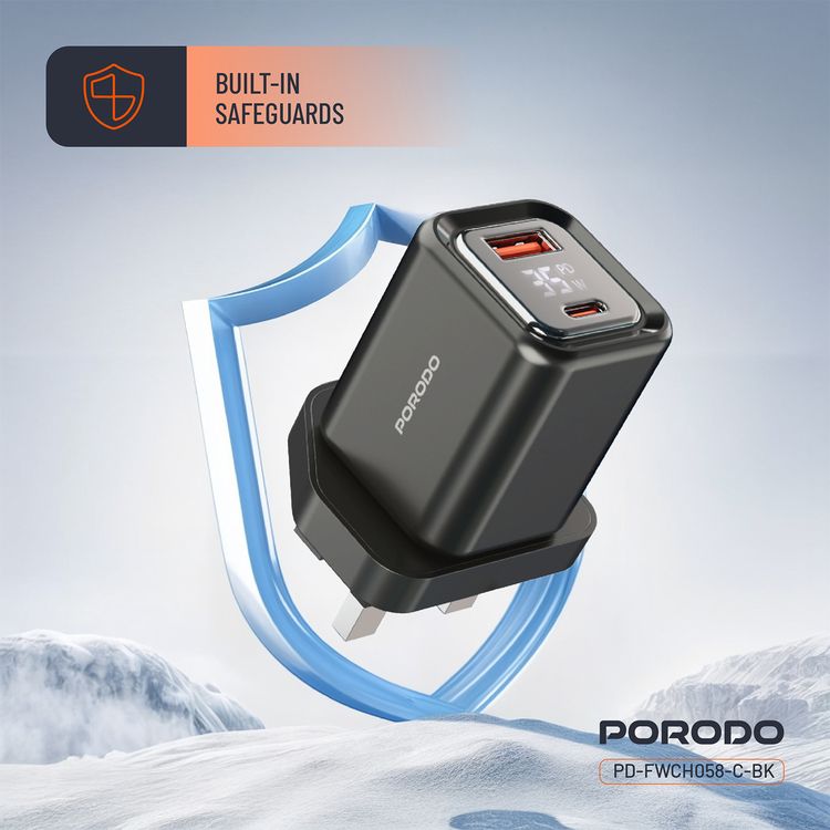Porodo Dual-Port Quick Wall Charger with Type-C to Type-C Included, 35W Power Delivery, Built-in Safeguards, Digital Display, 0.8A Maximum Rated Current, GaN Technology - Black
