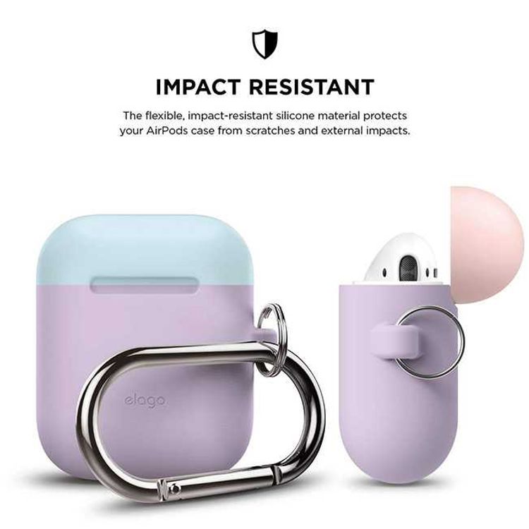 Elago Duo Hang Case for Airpods, With Metal Carabiner, Impact Resistant & Scratch Resistant, Fits Perfectly w/out Interfering Charging - Body-Lavender / Top-Pink,Pastel Blue