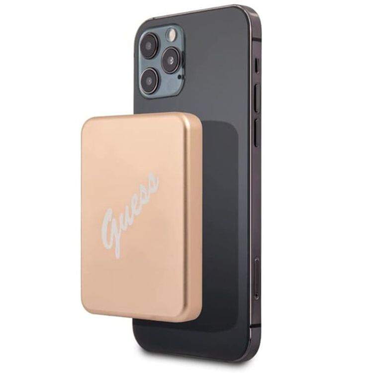 Guess MagSafe Power Bank with 3000mAh Battery Capacity, 5W Wireless Output, Fast Charge Support, Lightweight & Portable - Script Gold