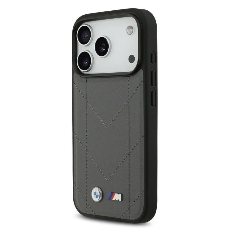 BMW MagSafe PU Quilted Leather Case with Metal Logos for iPhone 17 Pro Max, Slim Profile, Easy Snap-On Design, Sustainable Packaging, Drop Protection - Gray