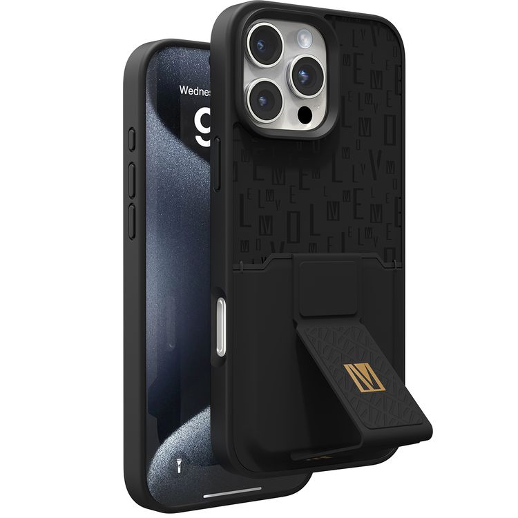 حافظة Levelo Morphix Gripstand مع حامل بطاقات لهاتف iPhone 16 Pro Max، حامل بطاقات مدمج، زوايا مقاومة للصدمات، ملمس نحيف بدون غطاء، حافة كاميرا مرتفعة، مادة فائقة المتانة - أسود