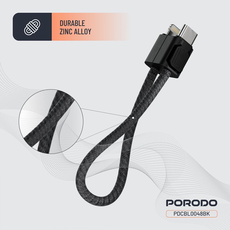 Porodo Chargeloop Keychain USB-C to Lightning Data Cable with 30W PD Output, 480Mbps Data Transfer Rate, 20cm Cable Length, Durable Zinc Alloy & Nylon Braided Material, High-Speed Charging, Compact Design - Black