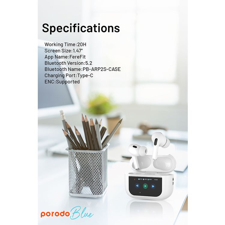 Porodo Blue AirPods Pro2 with Screen, Deep Bass, Touch Control, Camera Shutter, Music Playback, Call Management, 20 Hours Working Time, 1.47 inches Screen size - White