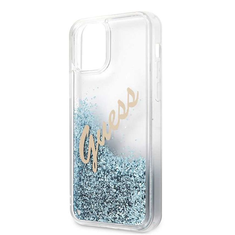 CG MOBILE Guess Liquid Glitter Script Hard Phone Case Compatible for iPhone 12 Pro Max (6.7") Shock Resistant Mobile Case Officially Licensed - Vintage Blue