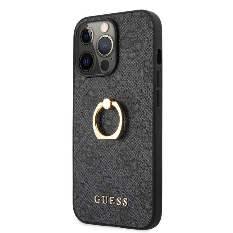CG MOBILE Guess PU Leather 4G Case with 360° Rotating Ring Grip Holder Stand Compatible for iPhone 13 Pro Max (6.7") Drop Protective Back Cover Officially Licensed - Black