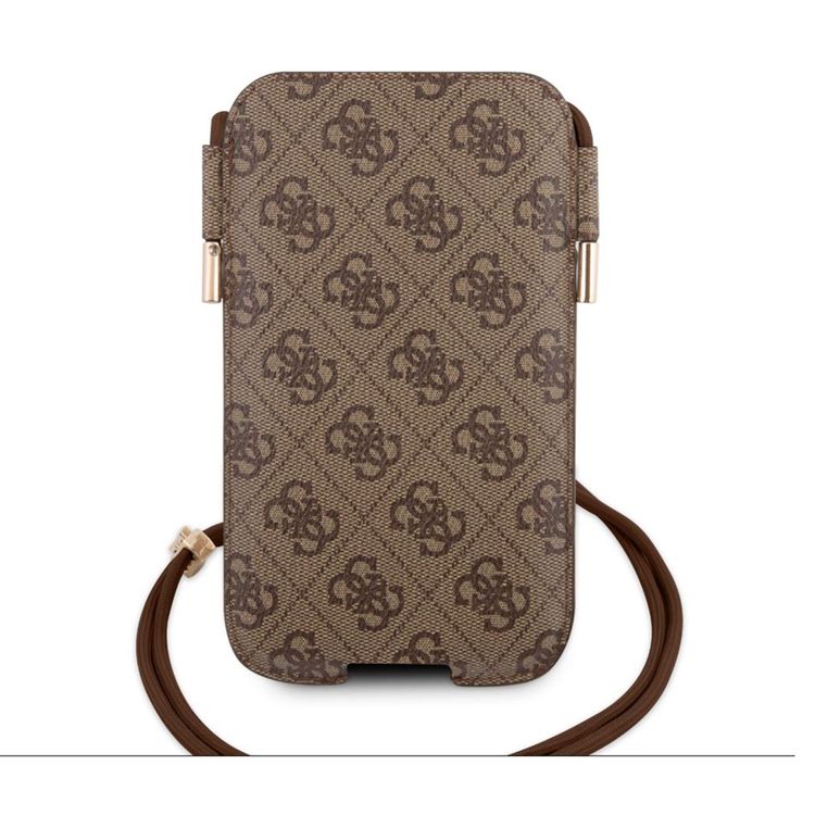Guess 4G Script Crossbody Phone Pouch for iPhone 12 Pro ( 6.1" ) with Adjustable Neck Cord Lanyard Strap, Synthetic Leather Material - Brown