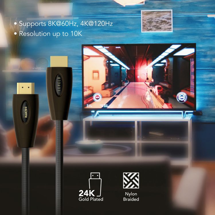 كابل Levelo HDMI بجودة Ultra HD، غلاف من سبائك الزنك، سرعة فائقة، ديناميك HDR، دقة تصل إلى 10K، طول الكابل 2 متر، موصل مطلي بالذهب عيار 24K، توصيل وتشغيل - أسود.