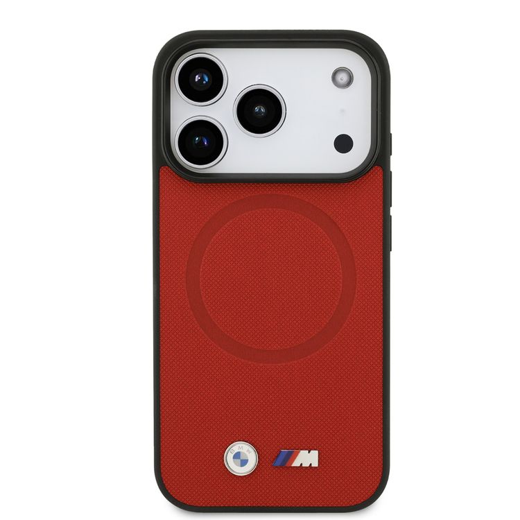 BMW MagSafe Full Wrapped Leather Case with Metal Logos for iPhone 17 Pro, Sustainable Packaging, Easy Snap-On Design, Slim Profile, Drop Protection - Red