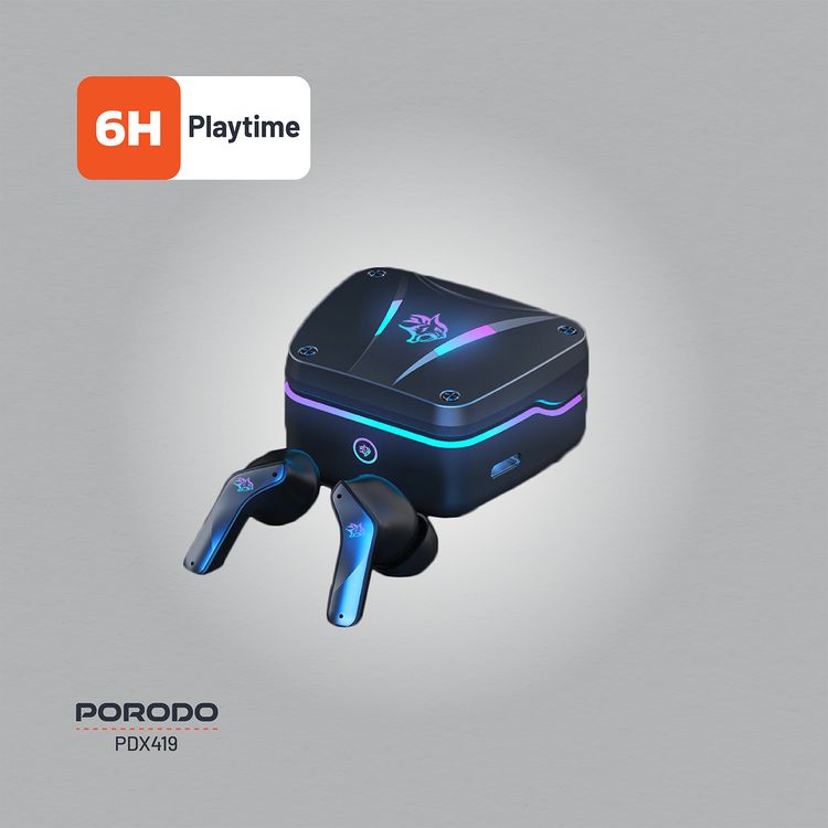 Porodo Gaming Ultra Low-Latency Gaming Earbuds, 400mAh Battery Capacity, 6h Playtime, Bluetooth 5.4, Less than 60ms Response Time, Dual Mic ENC Support, Type-C Charging Interface - Black