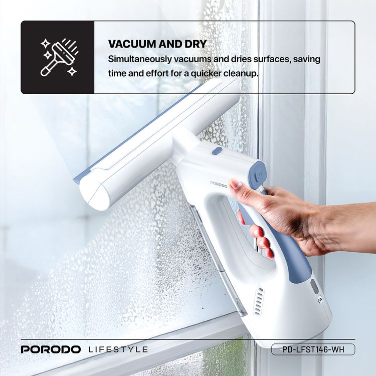 Porodo Lifestyle Cordless Window Vacuum Cleaner with Dual-Tank Design, Up to 30 Minutes of Working Time, 1kPa Suction Power, Spray, Wipe & Vacuum Dry Functions, 9W Rated Power - White