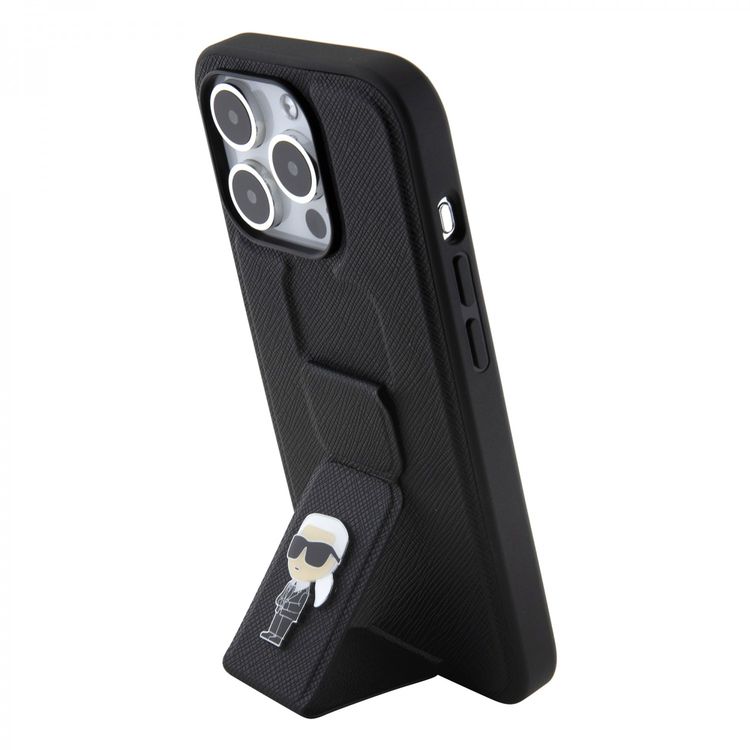Karl Lagerfeld Saffiano Leather Grip Case With Karl Ikonik Logo - Black - iPhone 15 Pro