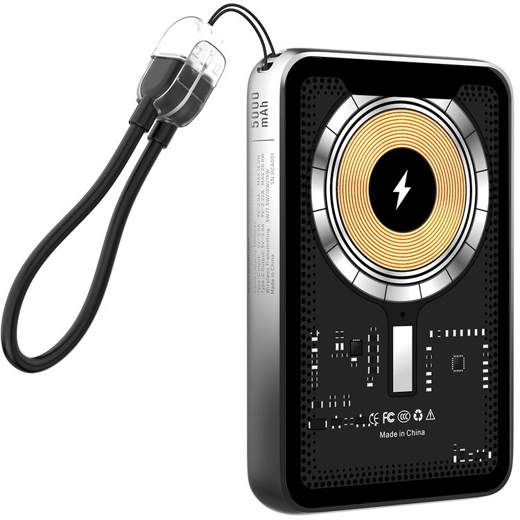 Porodo Arcadevolt 5000mAh MagSafe Power Bank with Built-in Console, +100 Classic Games, PD 20W, 2.8" HD Display, Type-C Lanyard Cable - Black