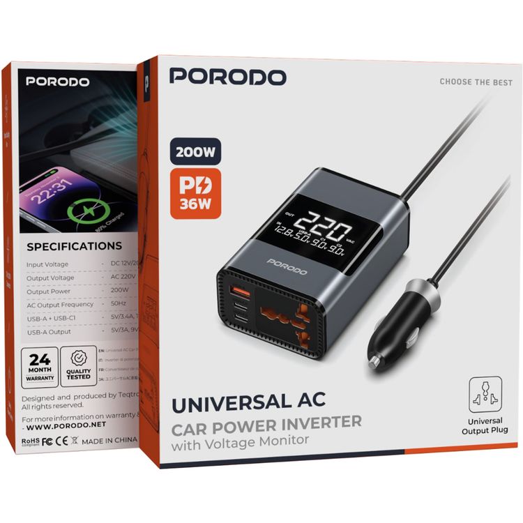 Porodo Universal AC Car Power Inverter with Voltage Monitor, 200W Output Power, AC Socket, USB-A & Dual USB-C Output Ports, PD 36W Max USB-C Output, 24W Max USB-A Output, 70cm Cable Length, Safety Power Switch, Smart Cooling Fan - Gray