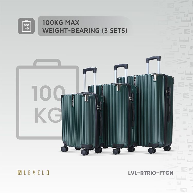 Levelo 3-Set ABS Luggage with Built-in Weighing Scale, Combination Lock, Iron Trolley, Double Wheels, Impact-Resistant Corners & Shock-Resistant, PP & Soft Rubber Handle - Forest Green