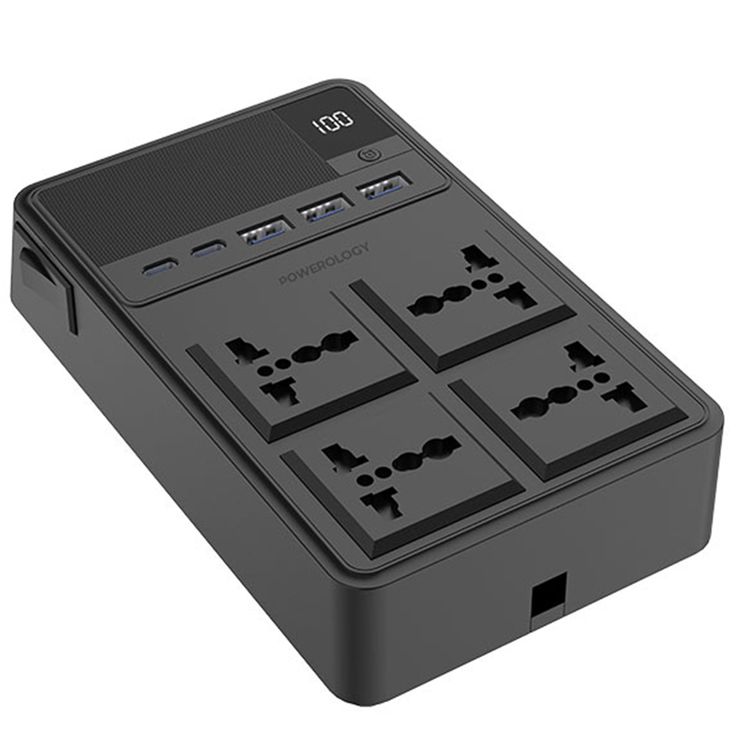 مشترك طاقة Powerology 2500 واط مع 4 مقابس تيار متردد وكابلات مدمجة قابلة للسحب، 5 منافذ USB، مخرجات USB-C وLightning، أدوات حماية مدمجة، مادة مقاومة للحريق، مؤقت 24 ساعة، شحن متزامن، طول الكابل 70 سم وطول سلك الطاقة 3 متر - أسود