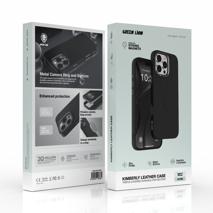 جراب جلدي Green Lion Kimberly لهاتف iPhone 16 Pro، أزرار معدنية، فتحات دقيقة، حماية للكاميرا، متوافق مع MagSafe - أسود 