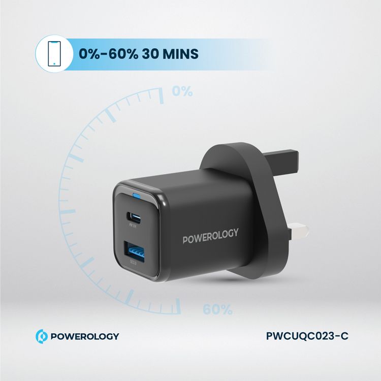 Powerology Dual Port Super Compact Quick Charger with USB-C To USB-C Braided Cable, 33W PPS Protocol, 35W USB-C Output, 18W USB-A Output - Black 