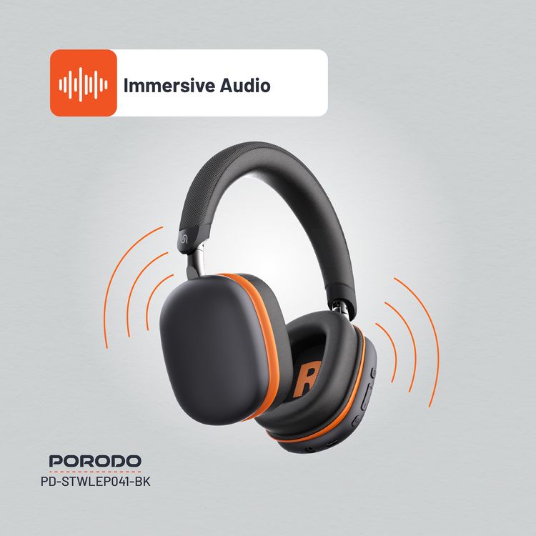 Porodo Soundtec Vibe Wireless Headphones with 36 Hours Play Time, Bluetooth Version 5.3, 2.5 Hours Charging Time, Type-C Charging Port - Black