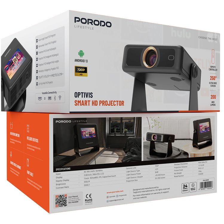 بروجكتور بورودو أوبتيفيس سمارت HD مع جهاز لوحي ذكي، تركيز تلقائي ذكي، تصحيح الانحراف التلقائي، وتجنب العقبات التلقائي.