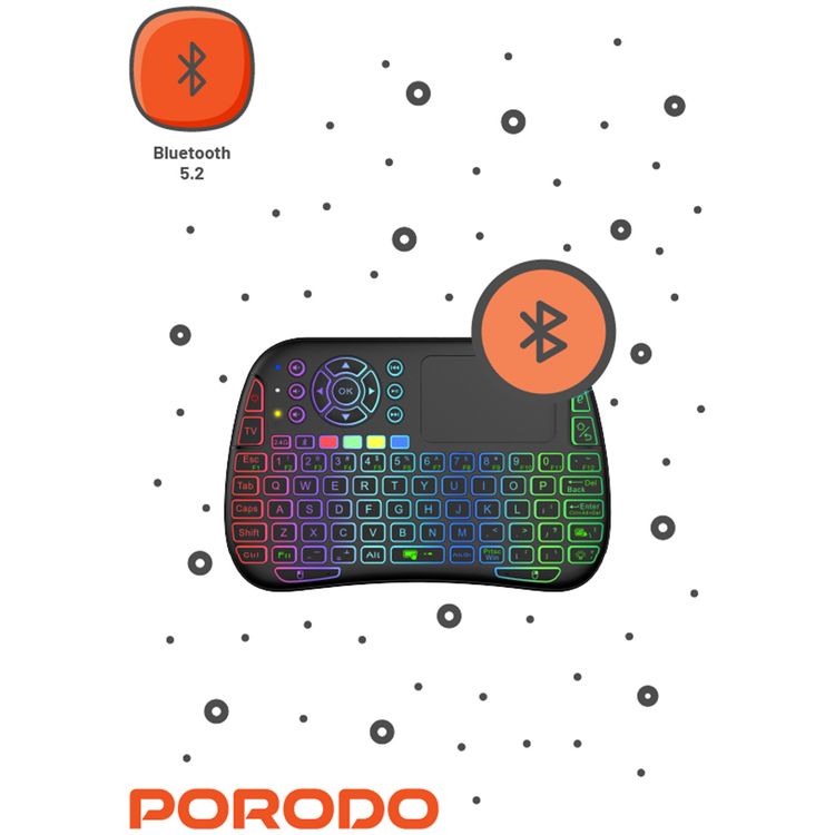 Porodo Gaming Remote Keyboard & Mouse with Programmable Buttons, Gesture Recognition, 10m Operational Range, 84 Keys, 5.2 Bluetooth, 300mAh Battery - Black