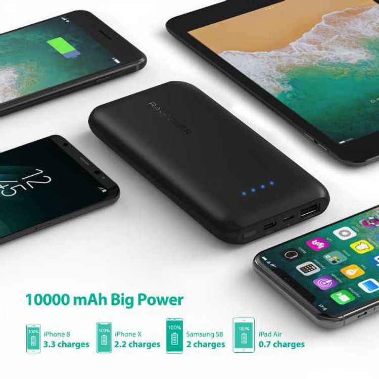 RAVPower Slim Power Bank 10000mAh with LED Indicator - Travel-friendly Design - Portable Charger Powerbank with 5V/3A Type-C Port Compatible for iOS & Android Devices - Black