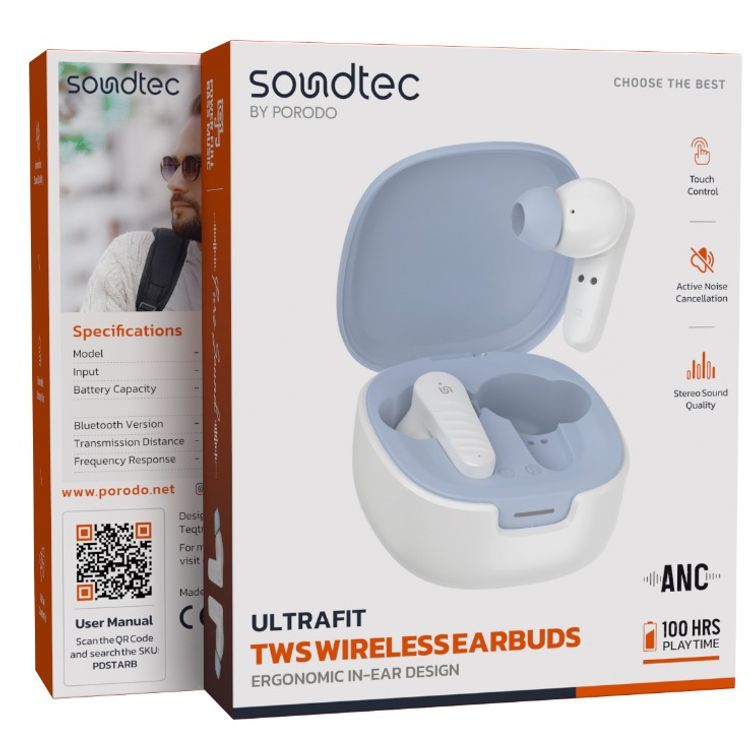 Porodo Ultrafit TWS Wireless Earbuds with Ergonomic In-Ear Design, Up to 100 Hours Play Time, Active Noise Cancellation, Bluetooth Version 5.4, 10m Transmission Distance, 250mAh Charging Case & 40mAh Earbuds Battery, Touch Control - White