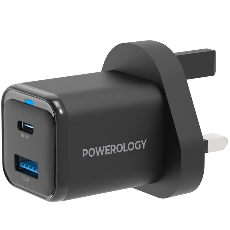 Powerology 35W PD QC 1xUSB-C 35W and 1xUSB-A 18W GaN Charger UK - Black - أسود