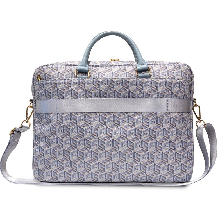 حقيبة لابتوب Guess Gcube Stripes مقاس 16 بوصة مصنوعة من الجلد الصناعي، 5 جيوب، حزام كتف قابل للتعديل، مقابض حمل - أزرق