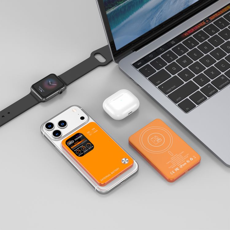 Green Lion G-Mag 3-in-1 Power Bank with 5000mAh Capacity, MagSafe Compatibility, PD 20W Fast Charge, Aluminum Alloy Shell, USB-C Input & Output Port, Ultra-Slim Design, Built-in Safeguards, Real-Time Power Display, Durable Aluminum Alloy + ABS + PC Material - Orange