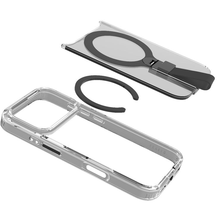 Levelo Spira MagSafe Clear Grip Case for iPhone 17 Pro, Strong Magnets, Horizontal & Vertical Viewing, Shock-Resistant Bumper, Anti-Scratch, 360° Rotating Metal Kickstand - Phantom Black